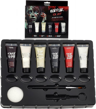 Horror SFX Kit for Halloween makeup Full set of 6 includes Liquid Latex, Fake Blood, Glow in the Dark Face & Body Paint, plus White, Black and Red Face & Body Paint