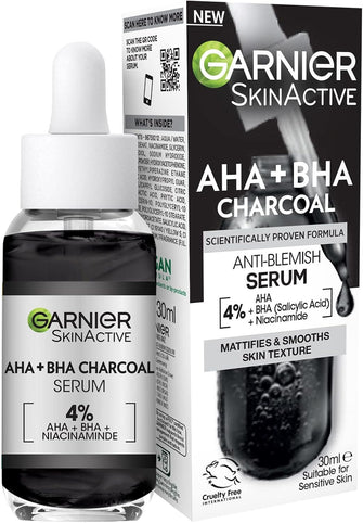 Garnier Skinactive 4% AHA + BHA (Salicylic Acid) & Niacinamide Charcoal Serum, Resurface & Smooth Skin Texture, Improve Appearance Of Marks & Blemishes, Suitable for Sensitive Skin, 30ml