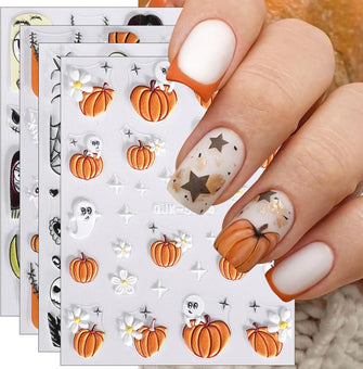 JMEOWIO 3D Embossed Halloween Nail Art Stickers Decals Self-Adhesive 5D Cute Pumpkin Ghost Flower Spook Nail Supplies Nail Art Design Decoration Accessories 4 Sheets