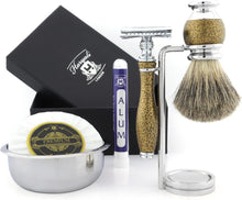 Haryali London Shaving Kit  6 Pc Shaving Kit  Double Edge Safety Razor - Synthetic Hair Shaving Brush  Shaving Soap  Shaving Bowl - Alum  Shaving Stand  Gold Color Shaving Set as Gift