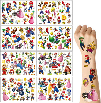 Mario Tattoo Stickers Temporary Tattoo Stickers for Kids 8 Sheets, Mario Party Favors Waterproof Temporary Stickers for Girls Boys Kids Teens Birthday Party Bags Fillers