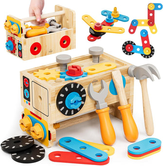 Lehoo Castle Wooden Kids Tool Set - Wooden Montessori Toys for 2 3 4 Year Old, Educational Role Play Construction Toys Tool Box Bench for Toddler Boys Girls