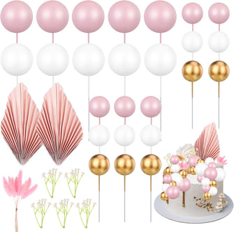 FRIUSATE 40 Pcs Flower Cake Toppers Decorations, Gold Palm Leaves Cake Topper, Ball Cake Insert Decoration For Baby Shower Diy Birthday Party Wedding Valentine's Day