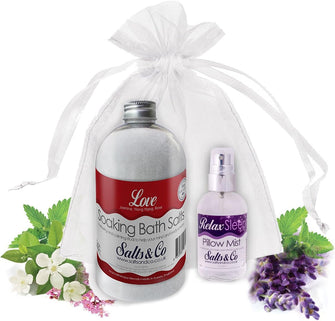 Love & Relax - Aromatherapy Bath Salts & Pillow Spray Gift Set - Packaged in Organza Bag - Jasmine, Ylang ylang, Rose, Lavender, Peppermint, Lemongrass oils by Salts & Co