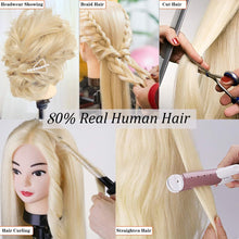 Hairdressing Training Head, TwoWin 24 Inch 80% Real Hair Manikin Cosmetology Doll Head Mannequin Hair Styling with Clamp Stand and Accessories, Blonde, Suitable for Straightening, Curling, Perming