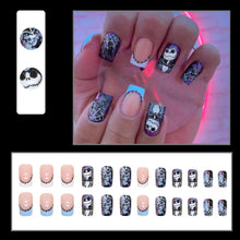 EONFAVE Press on Nails Medium Length - Spiderweb Skull Square Fake Nails French Tip Glossy - Acrylic French Stick on Nails with Glue - Fake Nails for Women Girls Suitable for Halloween Party