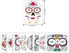 Halloween Face Tattoos, 8 Kits Day of the Dead Sugar Skull Temporary Tattoos, Scary Face Makeup for Masquerade and Parties