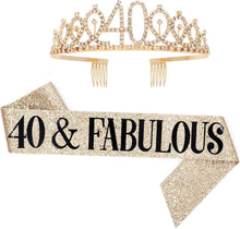 Leixi 40 and Fabulous Sash & Rhinestone Tiara Set - 40th Birthday Gifts Birthday Sash for Women Birthday Party Supplies (Gold)