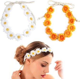 ISOI 2PCS Festival Accessories,White and Yellow Daisy Flower Headbands Flower Hair Accessories,Flower Crown Boho Headbands for Women,Floral Hair Scrunchies Daisy Accessories for Wedding Party Beach