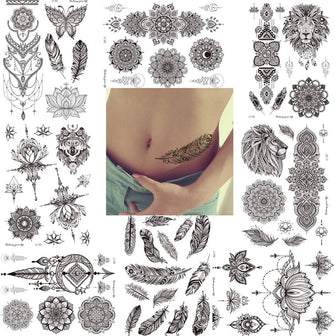 8 Sheets Unique Black Temporary Tattoo Stickers Sexy Realistic Flower Body Art Feather Mandala Waterproof Large Big Arm Tattoos Sheet Lace Indian Bride Sexy Wedding Tatoos for Adults Women Girls