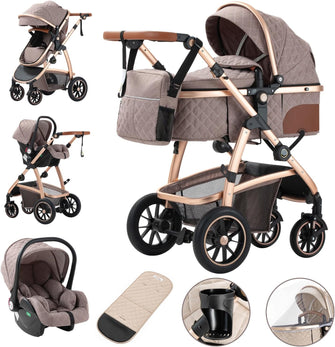 Gcarebb 3 in 1 Prams Travel System, Pushchair with Height Adjustable Handle, Travel Pram with Mosquito Net, Baby Stroller with Aluminum Frame for Newborn 0-4 Years