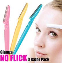 Glamza No Flick 3 Pack Eyebrow Brow Shaper Razor & Dermaplaning Safe Painless Portable Women's Shaver Trimmer Tool Grooming Kit