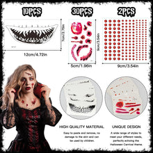 Halloween Temporary Tattoos Face Stickers, 40 Sheets Big Mouth Tattoo Face Temporary Tattoo Skull Vampire Bite Wounds Cut Scary Scars Fake Blood Face Gems for Aldults Kids Prank Makeup Fright Night