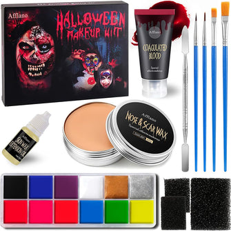 Afflano Special Effects Stage Halloween Makeup Set, SFX Theatrica Makeup Kit, Neon Glow Face Body Paint+Scar Wax+Fake Blood+Sponge+Spatula+Oil, Zombie Festival Wound Scar Wax Bruise Cosplay FX Makeup