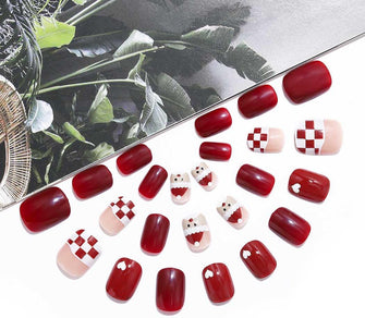 Brishow Coffin False Nails Christmas Decoration Press on Nails Red Short Fake Nails Full Cover Stick on Nails 24pcs for Women and Girls