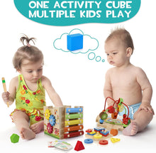 HELLOWOOD Wooden Activity Cube Baby Toys, 8-in-1 Montessori Educational Toy Set, Bead Maze Shape Sorter Abacus Xylophone Words & Clock Learning, STEM Toys for Boys Girls Toddlers Age 1 2 3