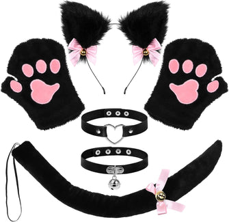 FRCOLOR Cat Ears Headband with Tail Cat Costume Set Ears and Tail Set Ears Headband and Tail Collar Paws Neck Choker Cosplay Halloween Costume for Kids and Adults