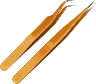 KINBOM 2pcs Lash Tweezers, Stainless Steel Eyelash Extension Tweezers Straight and Curved Tip Eyelash Tweezers (Gold)