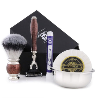 Haryali London Shaving Kit  5 Pc Shaving Kit  3 Edge Shaving Blade Shaving Razor - Synthetic Hair Shaving Brush  Shaving Soap  Shaving Bowl  Alum  Antique Maroon Color Shaving Set as Gift