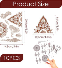 10 Sheets Temporary Tattoo Brown Red 3D Mandala Flower Tattoos Kit Indian Lace Stickers For Hand Arm Neck Body Art Waterproof Stencils for Women Girls Wedding Party Festivel Eid Al-Fitr Supplies