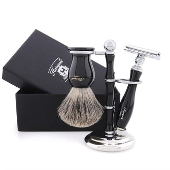 Haryali London Shaving Kit - 3 Pc Shaving Kit - Double Edge Safety Razor - Best Badger Shaving Brush - Shaving Stand - Black Color Elegant Shaving Set as a Gift Set