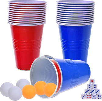 Faburo Beer Pong Set, Drinking Games for Adults, Beer Pong Game Set 16oz Blue & Red Plastic Beer Pong Cups and Balls for American Party Games,Birthday Parties and Office(30 Cups,6 Balls, 10 Dice)