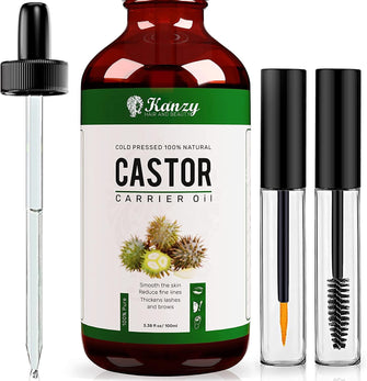 Kanzy Organic Castor Oil for Eyelashes and Eyebrows 100ml Cold Pressed Castor Oil for Hair Growth 100% Natural and Pure Oil with Brushes For Hair, Beard, Nails and Skin