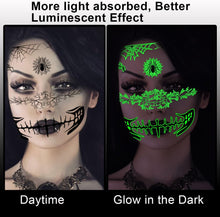 Day of the Dead Face Tattoo,Glow in the Dark Halloween Tattoos,3D Witch Skull Big Mouth and Spider Web Bat Temporary Tattoos as Halloween Costumes for Women Men Adult Halloween Make Up Accessories