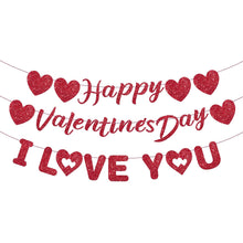 Lemicin Happy Valentines Day Banner - I Love You Banner Red Glitter Heart Shaped Garland for Wedding Anniversary Birthday Engagement Valentine's Decorations