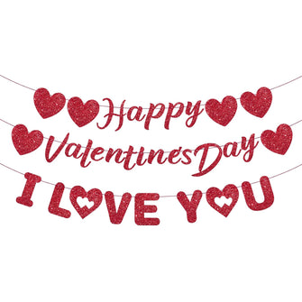 Lemicin Happy Valentines Day Banner - I Love You Banner Red Glitter Heart Shaped Garland for Wedding Anniversary Birthday Engagement Valentine's Decorations