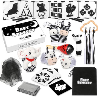 Joyreal Baby Sensory Toys, 13 Pcs Black and White Sensory Toys 0-6 Months, Foil Blanket, Sensory Cards, Baby Rattles, Ribbon Ring, Scarf, Maracas, Newborn Toys Baby Sensory Box Gifts