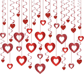 LANMOK 38pcs Heart Hanging Decorations Valentine's Day Decors Includes 20pcs Hollow Heart & 18pcs Hanging Heart Swirls for Valentine's Day Wedding Anniversary Engagement Bridal Shower