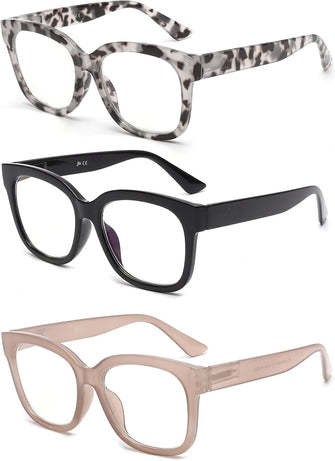 JM 3 Pack Oversized Reading Glasses for Women Square Blue Light Blocking Computer Readers Spring Hinge
