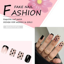 24Pcs Square False Nails Short, Black French Press on Nails with Heart Design, Cute Acrylic Fake Nails Kits Stick on Nails for Women and Girls Nail Art Manicure Decoration