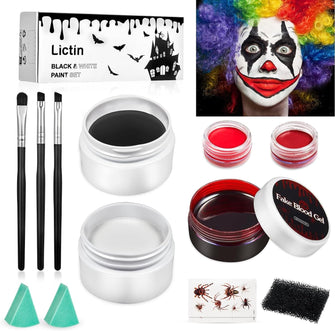 Lictin Halloween Clown Makeup Kit - White Black Red Face Body Paint + Fake Blood Gel, Water Activated Face Paint Kit for Adults, SFX Joker Zombie Vampire Skeleton Makeup Kit with Brushes & Sponges