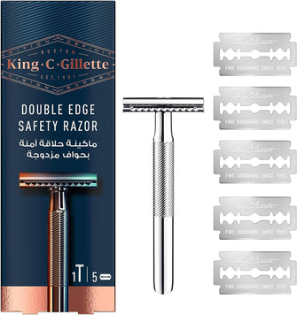 King C. Gillette Double Edge Safety Razor for Men, 5 Platinum Coated Double Edge Razor Blades, Gifts for Men