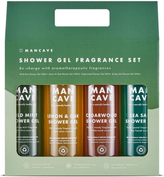 ManCave Men's Ultra-Premium Shower Gel Fragrance Gift Set, Featuring 4 x 500ml Natural Sulphate Free Shower Gels: Wild Mint, Lemon & Oak, Cedarwood and Sea Salt fragrances, Vegan Friendly