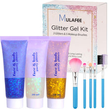 MULAFEE Glitter Gel Kit, 3pcs Body Glitter with Makeup Brushes, Mermaid Sequins Face Glitter Gel, Sparkling Chunky Glitter for Eye Lip Hair