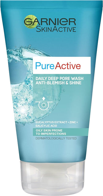 Garnier Pure Active Anti-Blackhead Deep Pore Face Wash 150ml, Face Cleanser For Oily Skin, With Zinc & Salicylic Acid - Removes Excess Oil, Unclogs Pores & Reduces Blackheads, Dermatologically Tested