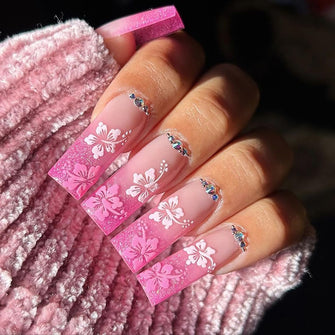 24 PCS Long Pink Press on Nails Gradient Rhinestone False Nails Glossy Ballerina Fake Nails with Flower Design Full Cover Nail Tips for Women and Girls Party