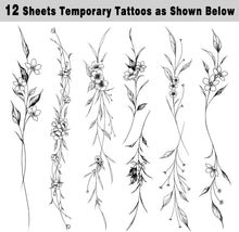 Leesgel Temporary Tattoos for Women, 12 Sheets Long Flowers Vine Leaves Plant Fake Tattoo Women Adults, Black Semi Permanent Personality Waist Arm Foot Stick on Stickers Transfer Paper, 224cm