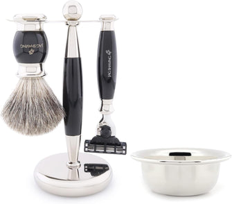 Jag Shaving Shaving Kit - 4Pc Shaving Brush Set - Black Shaving Set - Super Badger Shaving Brush - 3 Edge Shaving Blade Shaving Razor - Elegant Shaving Stand - Shaving Bowl