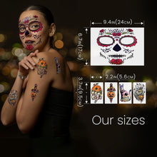 50 Sheets Halloween Temporary Tattoo Family Set Day of Dead Pumpkin Ghost for Women Black Fake Death Skull Floral Skeleton Tatoos for Men Boy Girl, Halloween Zombie Makeup Tattoo Party Favor Supplies