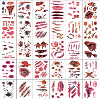 HUPOO 30 Sheets 3D Halloween Temporary Makeup Tattoos Fake Scars Bloody Scar Waterproof Blood Sticker Realistic Wound Horror Body Face Decals Prank Props for Cosplay Party Supplies Props, 5.79.7CM