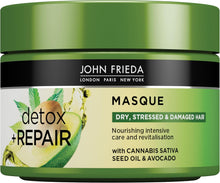 John Frieda Detox & Repair Masque 250 ml, Intensive Deep Conditioner for Dry, Stressed and Damaged Hair, Nourishing Hair Mask with Cannabis Sativa Seed Oil and Avocado