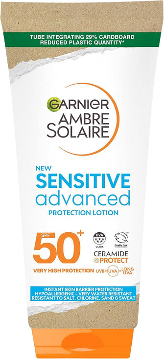 Garnier Ambre Solaire SPF 50+ Sensitive Advanced Sun Cream, For Sensitive Skin, Water Resistant & Non-Greasy Sunscreen, SPF 50 UVA & UVB Protection, Approved by Cruelty Free International, 175ml