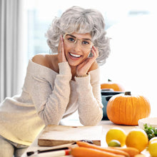 Invalidism Old Lady Fancy Dress Set,9 Pcs Granny Wig Cap Pearl Necklace Earrings Bracelet Cane Glasses with Chain Accessories Kit for Halloween World Book Day Masquerade Carnival