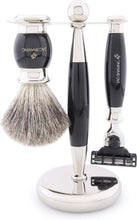 Jag Shaving Shaving Kit - 4Pc Shaving Brush Set - Black Shaving Set - Super Badger Shaving Brush - 3 Edge Shaving Blade Shaving Razor - Elegant Shaving Stand - Shaving Bowl