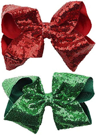 FREEZH Party Hair Bows Clips 2Pcs Large Bling Sparkly Glitter Sequins Alligator Nylon Mesh Ribbon Bowknot Hairpins For Women Girls Kids Christmas Red Green