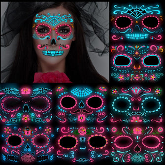 HOWAF 8 Halloween Face Tattoo Glow In The Dark, Day of The Dead Face Tattoos Sugar Skull Day of The Dead Tattoos Halloween Face Temporary Tattoos for Women Men Adult Kids Halloween Party Supplies